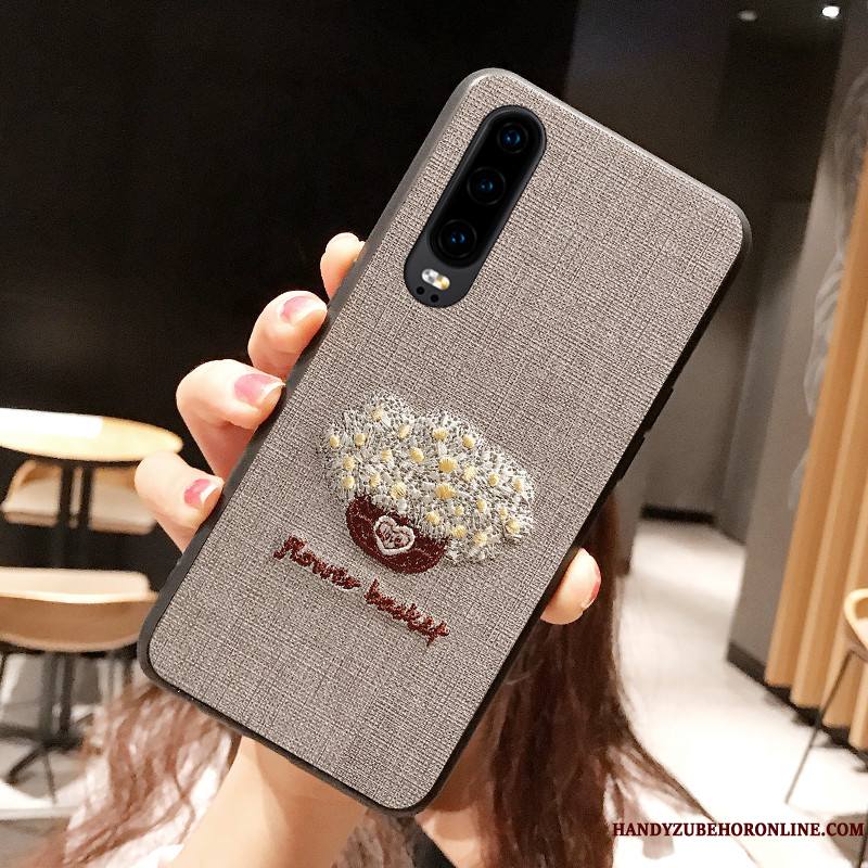 Huawei P30 Coque Protection Fluide Doux Incassable Net Rouge Broderie Étui