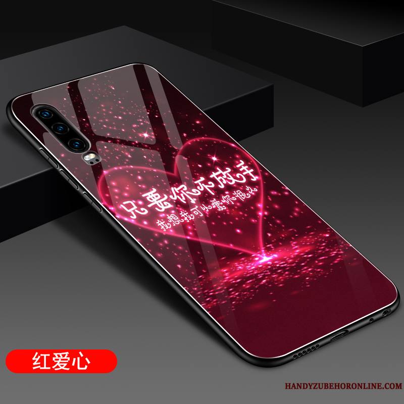 Huawei P30 Coque Protection Net Rouge Verre Étui Légère Miroir Silicone