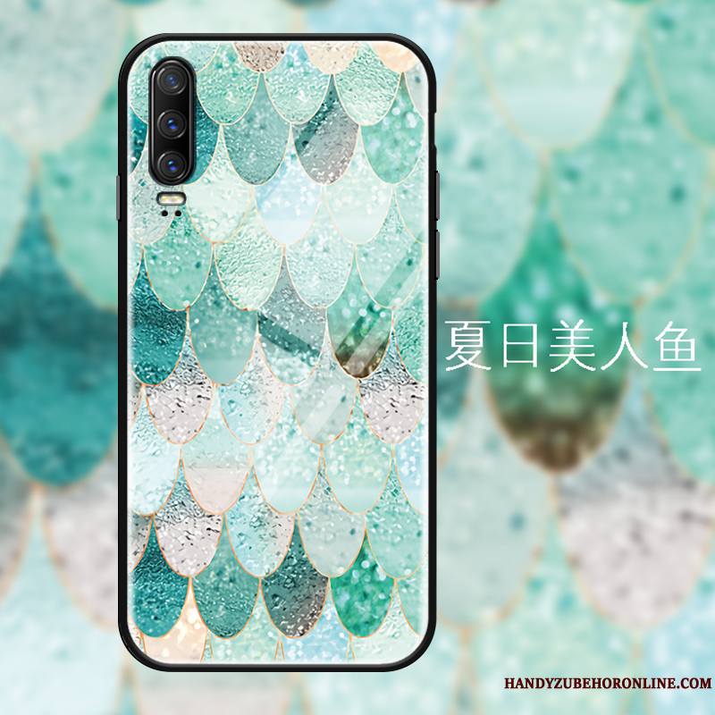 Huawei P30 Coque Verre Trempé Tout Compris Vert Ornements Suspendus Personnalité Protection Sirène