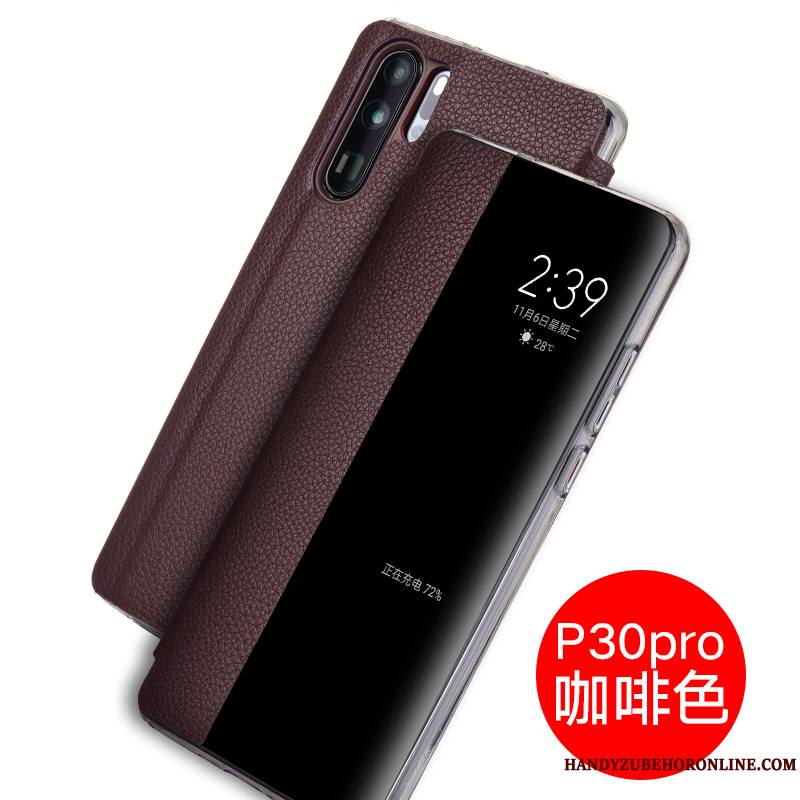 Huawei P30 Pro Étui Étui En Cuir Cuir Véritable Téléphone Portable Bleu Protection Coque De Téléphone