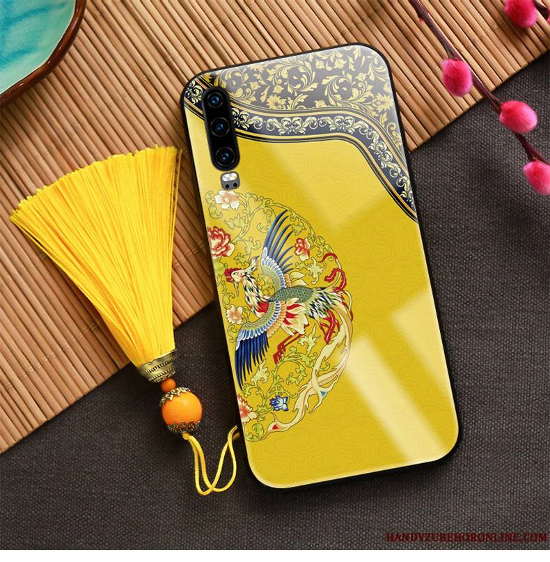 Huawei P30 Style Chinois Coque De Téléphone Ornements Suspendus Verre Tout Compris Jaune Support