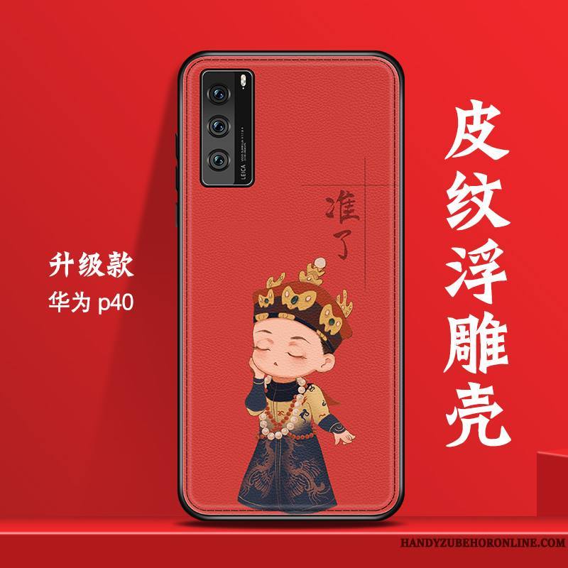 Huawei P40 Coque De Téléphone Protection Rouge Cuir Style Chinois Créatif Marque De Tendance