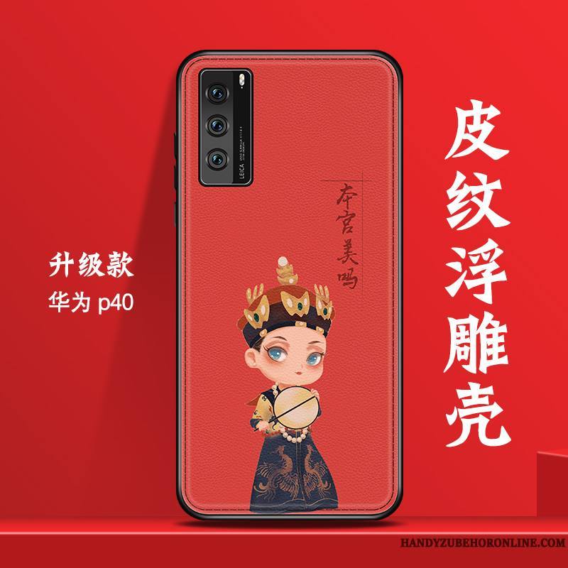 Huawei P40 Coque De Téléphone Protection Rouge Cuir Style Chinois Créatif Marque De Tendance