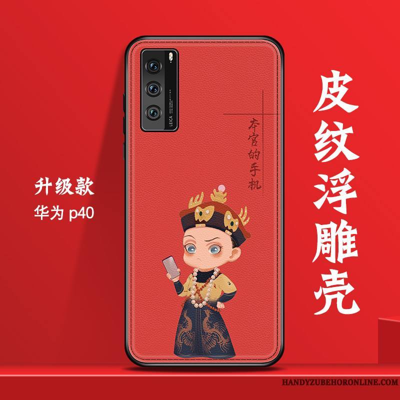 Huawei P40 Coque De Téléphone Protection Rouge Cuir Style Chinois Créatif Marque De Tendance