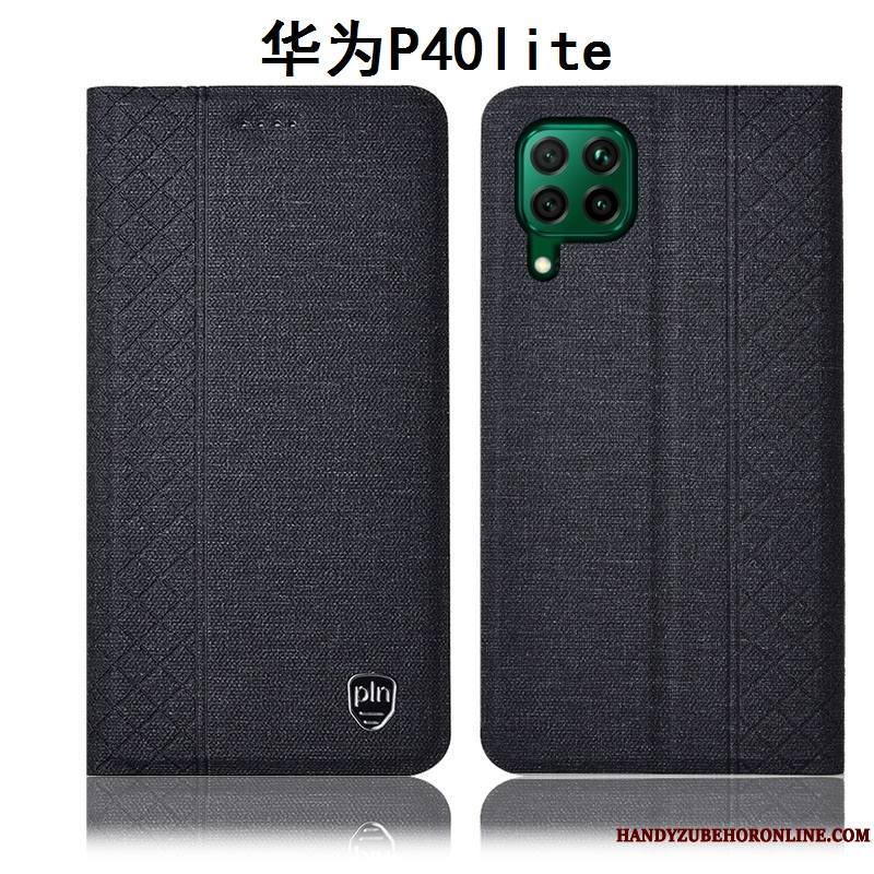 Huawei P40 Lite Étui En Cuir Coque De Téléphone Lin Gris Protection Tout Compris Incassable