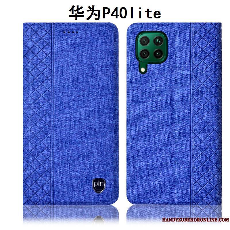 Huawei P40 Lite Étui En Cuir Coque De Téléphone Lin Gris Protection Tout Compris Incassable