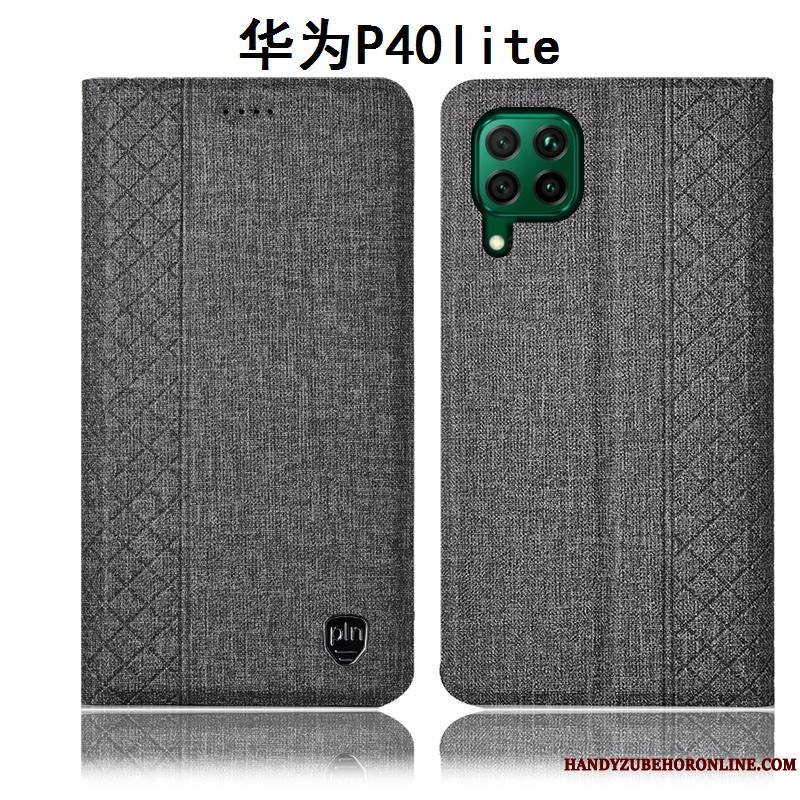 Huawei P40 Lite Étui En Cuir Coque De Téléphone Lin Gris Protection Tout Compris Incassable