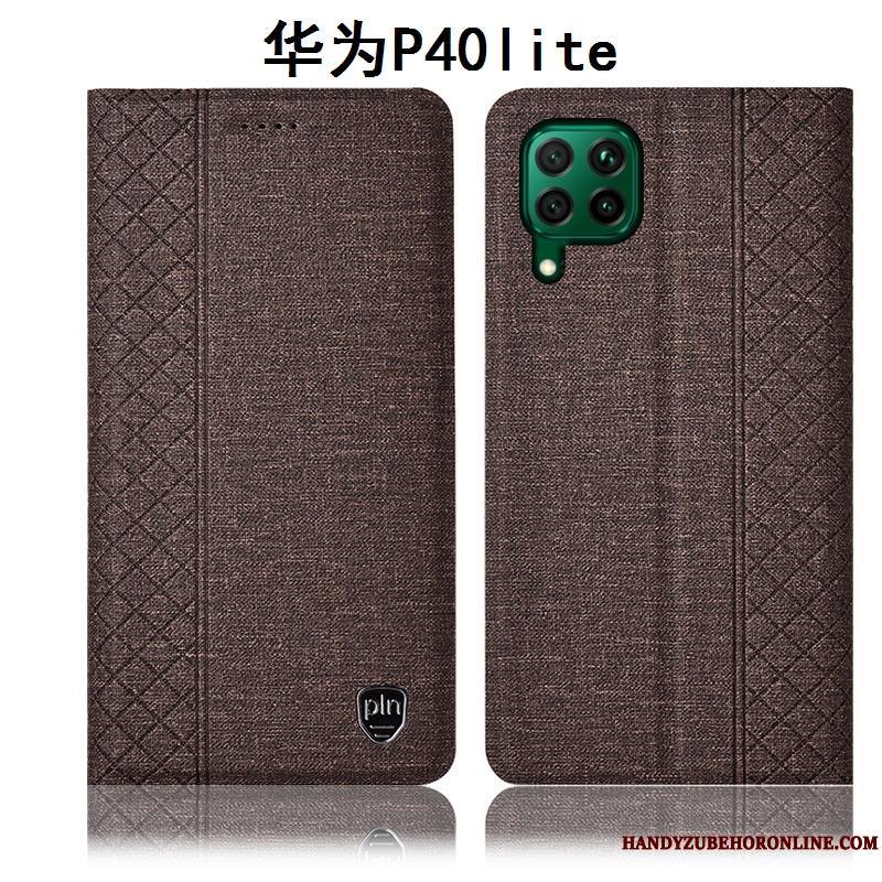 Huawei P40 Lite Étui En Cuir Coque De Téléphone Lin Gris Protection Tout Compris Incassable