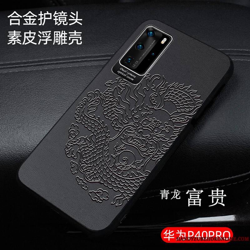 Huawei P40 Pro Coque Gaufrage Cuir Business Noir Luxe Modèle Fleurie Style Chinois