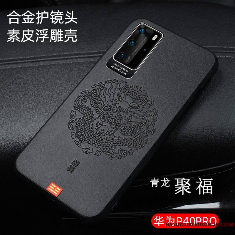 Huawei P40 Pro Coque Gaufrage Cuir Business Noir Luxe Modèle Fleurie Style Chinois