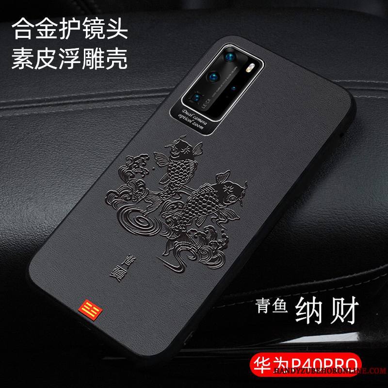 Huawei P40 Pro Coque Gaufrage Cuir Business Noir Luxe Modèle Fleurie Style Chinois