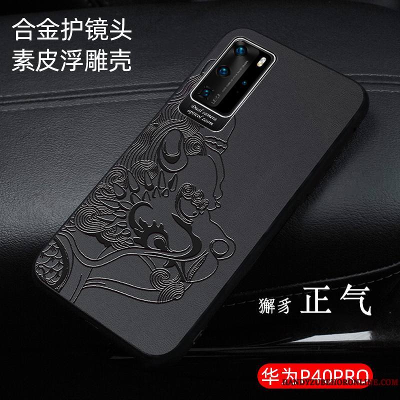 Huawei P40 Pro Coque Gaufrage Cuir Business Noir Luxe Modèle Fleurie Style Chinois