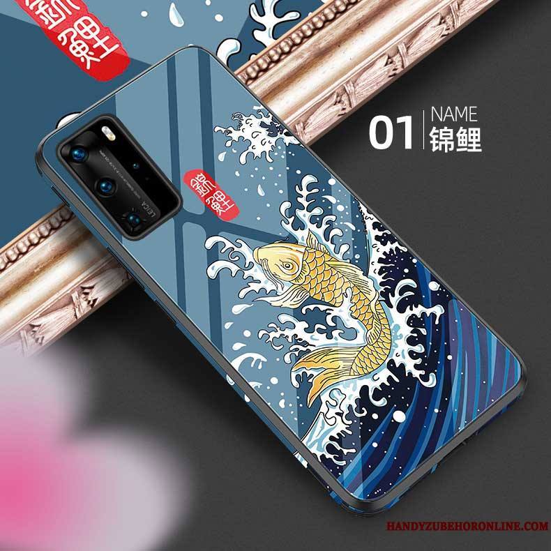 Huawei P40 Pro Coque Verre Mode Luxe Style Chinois Silicone Bleu Vintage