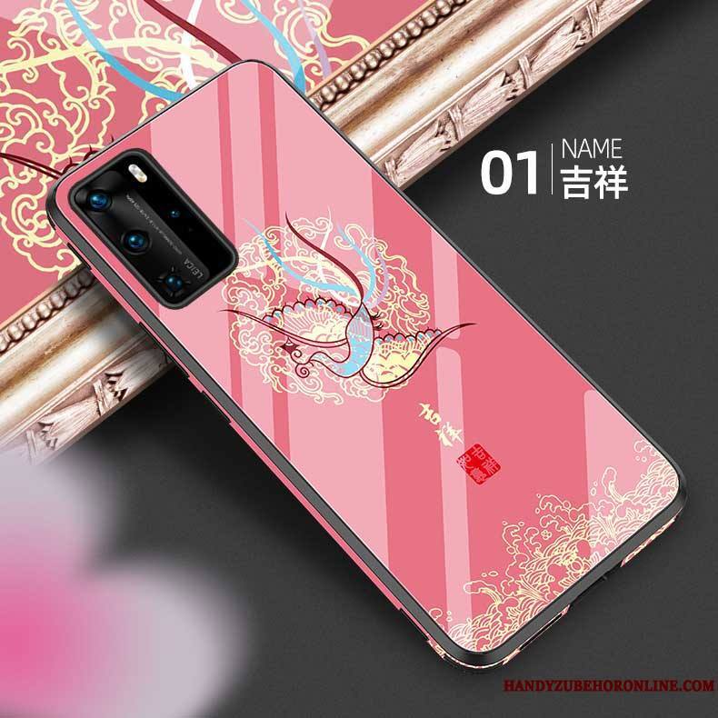 Huawei P40 Pro Coque Verre Mode Luxe Style Chinois Silicone Bleu Vintage
