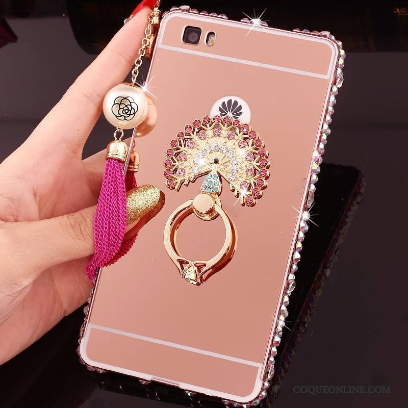 Huawei P8 Lite Coque Border Métal Étui Couvercle Arrière Téléphone Portable Miroir Rose