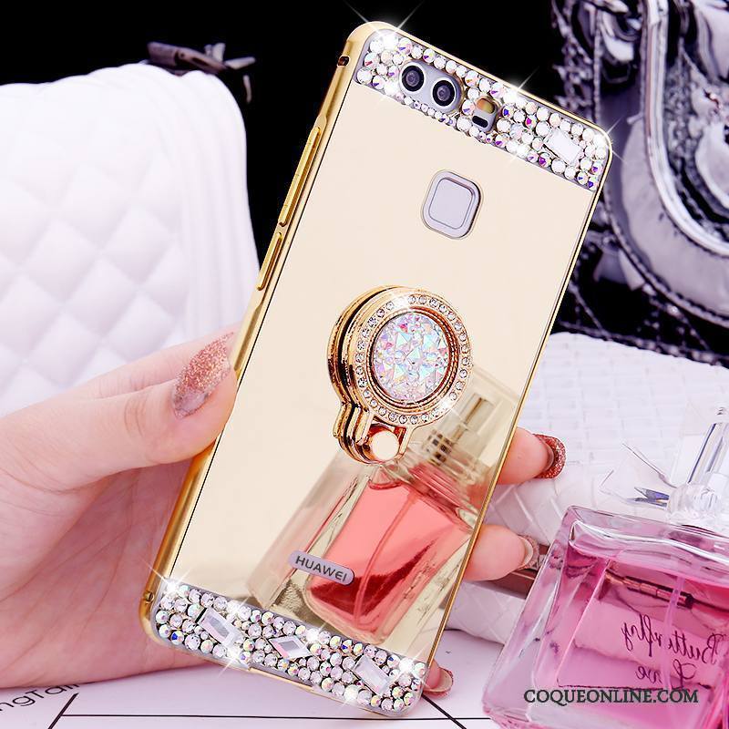 Huawei P9 Coque Or Métal Tendance Strass Border Support Anneau