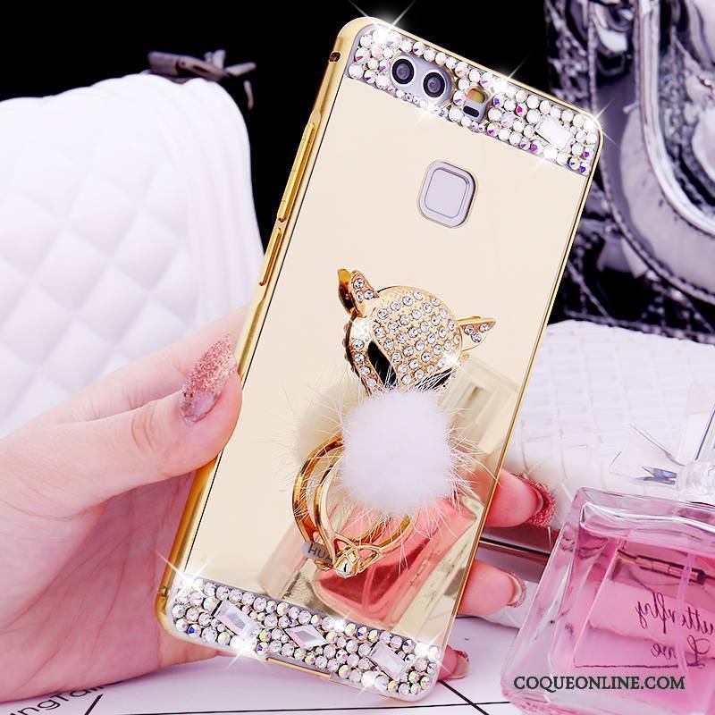 Huawei P9 Coque Or Métal Tendance Strass Border Support Anneau