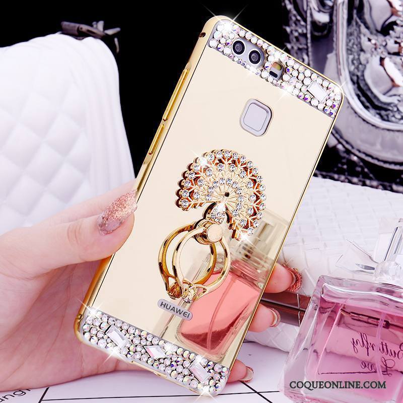 Huawei P9 Coque Or Métal Tendance Strass Border Support Anneau