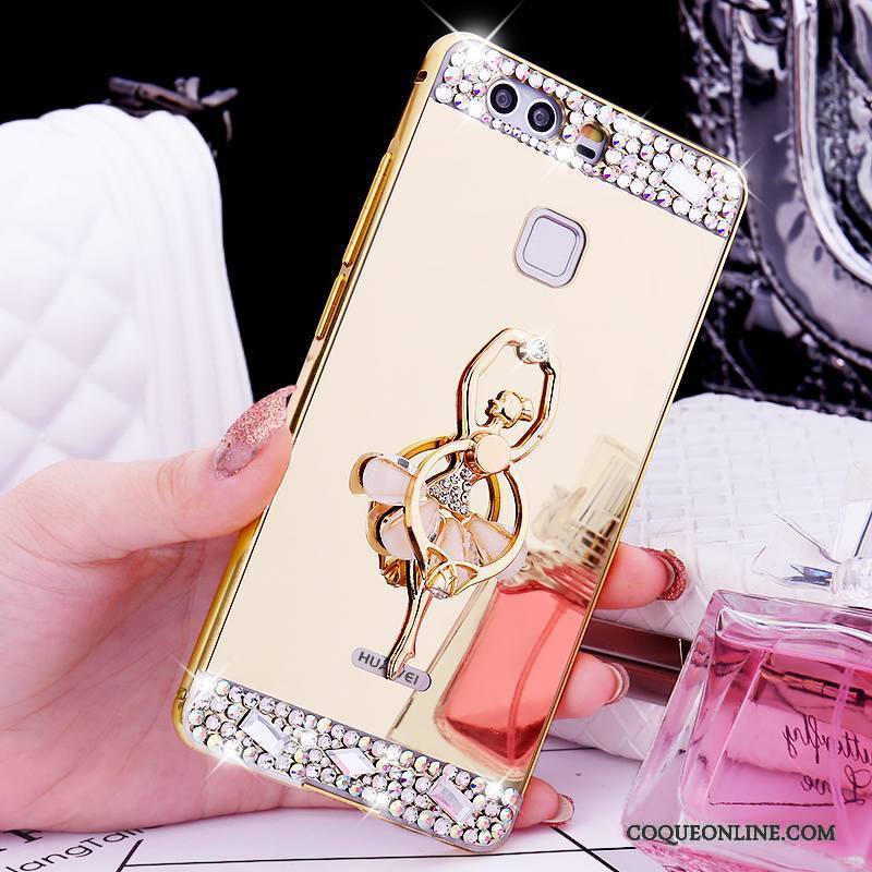 Huawei P9 Coque Or Métal Tendance Strass Border Support Anneau