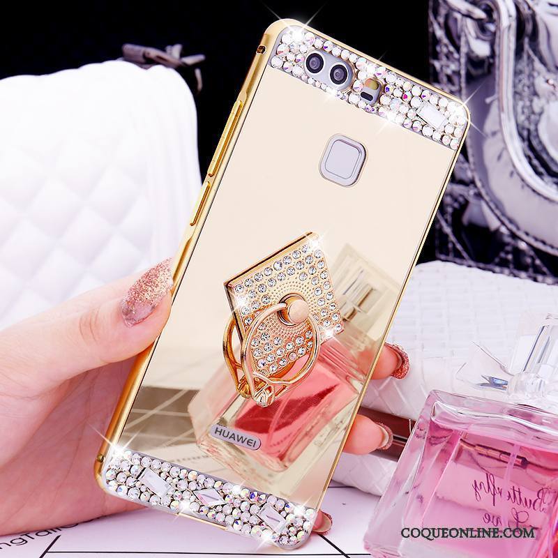 Huawei P9 Coque Or Métal Tendance Strass Border Support Anneau