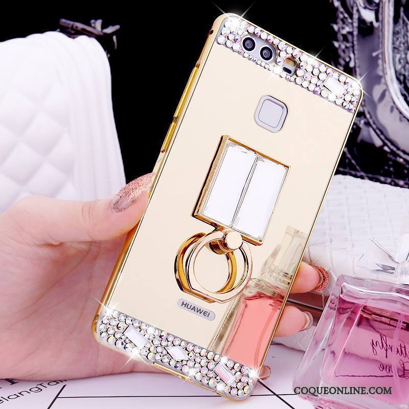 Huawei P9 Coque Or Métal Tendance Strass Border Support Anneau