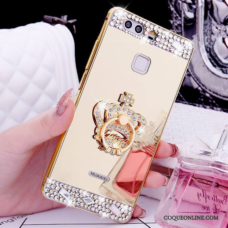 Huawei P9 Coque Or Métal Tendance Strass Border Support Anneau