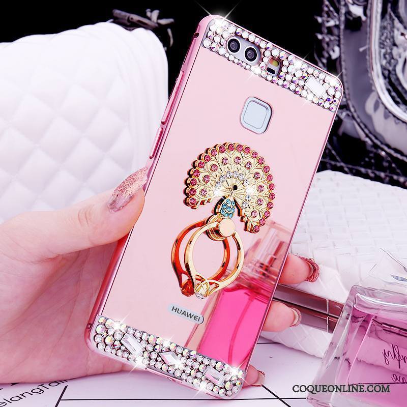 Huawei P9 Coque Or Métal Tendance Strass Border Support Anneau