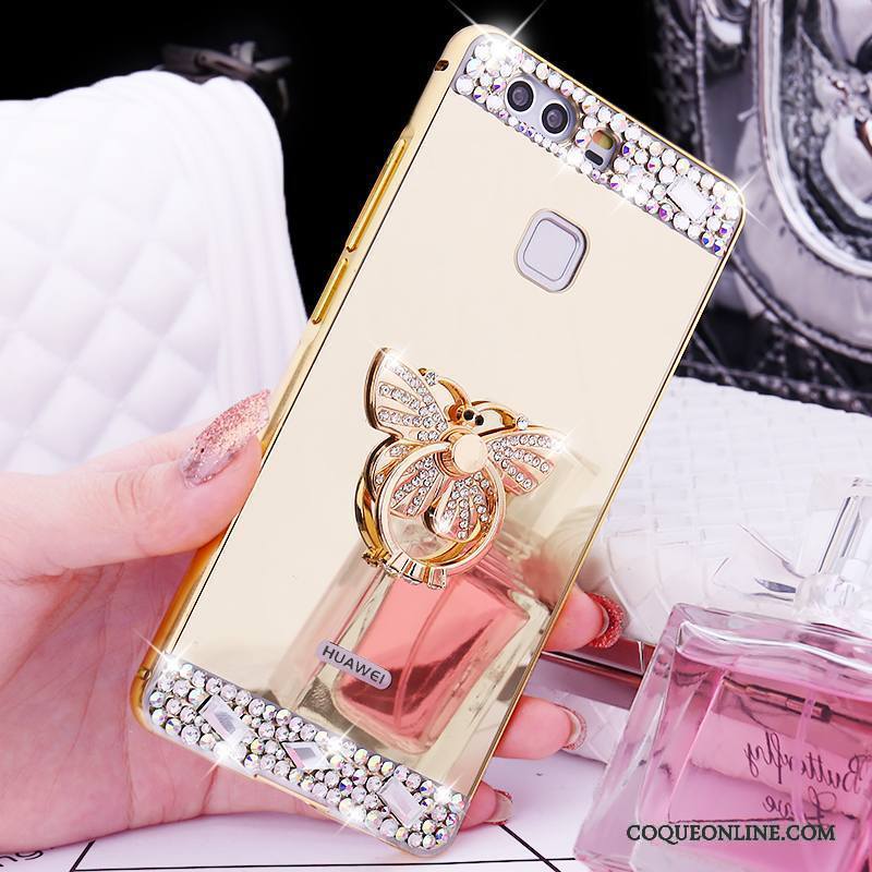 Huawei P9 Coque Or Métal Tendance Strass Border Support Anneau