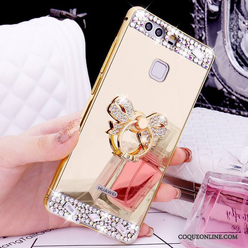 Huawei P9 Coque Or Métal Tendance Strass Border Support Anneau