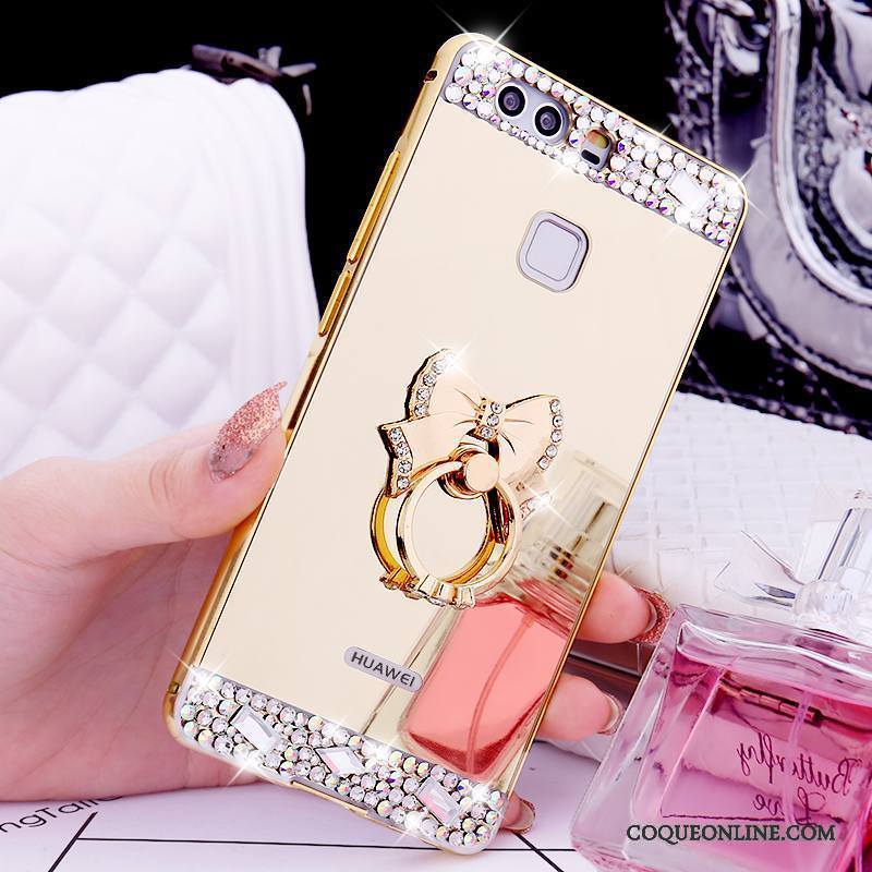 Huawei P9 Coque Or Métal Tendance Strass Border Support Anneau