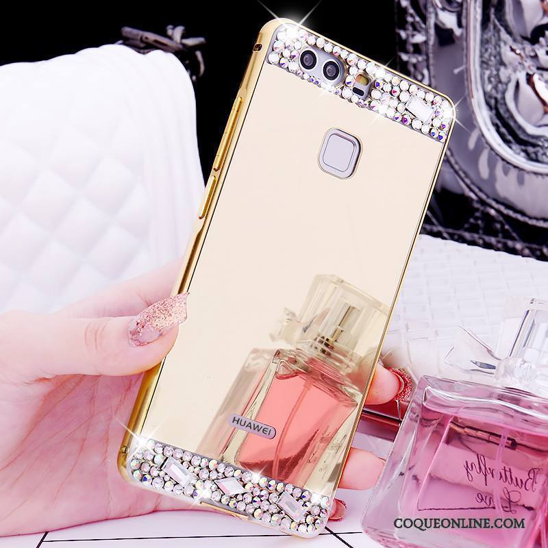 Huawei P9 Coque Or Métal Tendance Strass Border Support Anneau