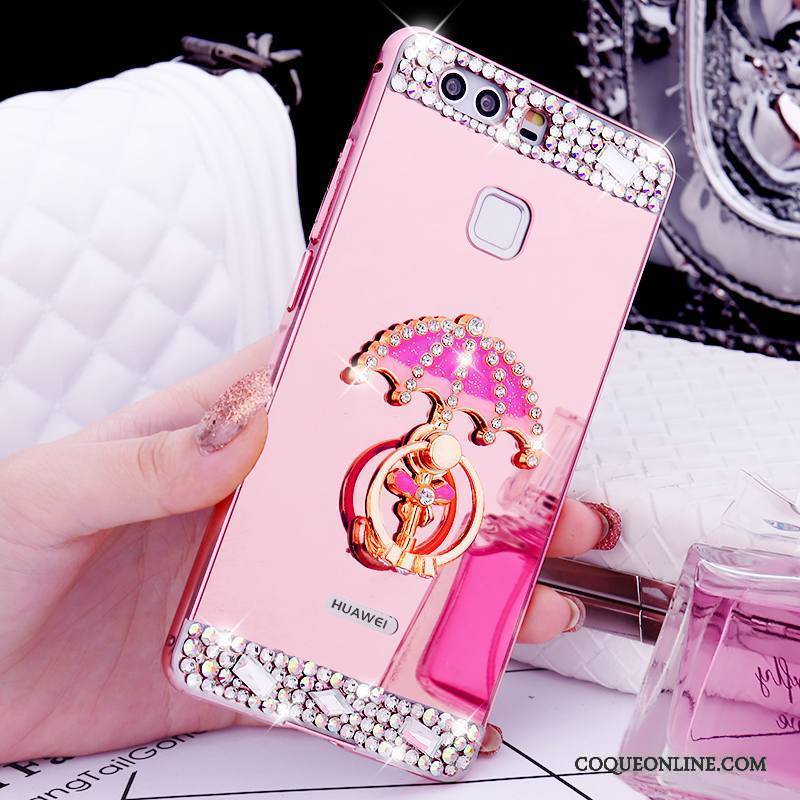 Huawei P9 Coque Or Métal Tendance Strass Border Support Anneau