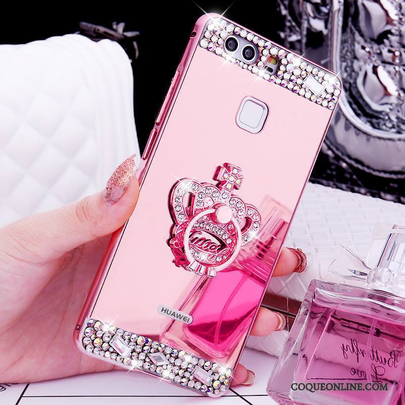 Huawei P9 Coque Or Métal Tendance Strass Border Support Anneau