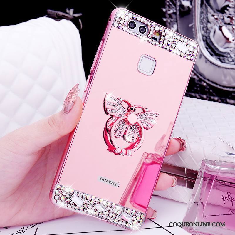 Huawei P9 Coque Or Métal Tendance Strass Border Support Anneau