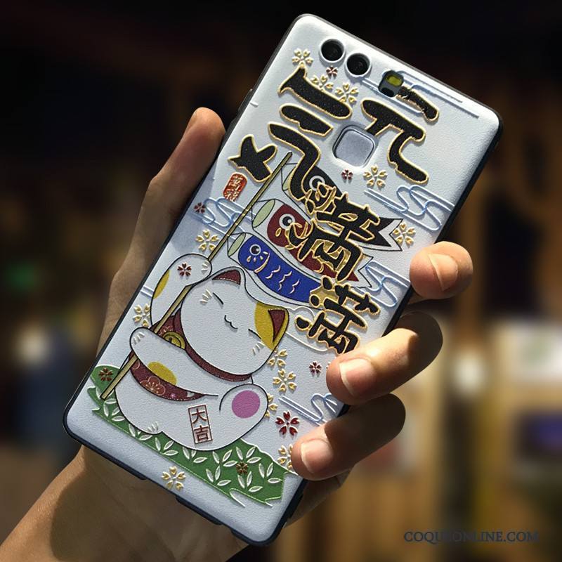 Huawei P9 Plus Coque Blanc Téléphone Portable Incassable Dessin Animé Fluide Doux Ornements Suspendus Délavé En Daim