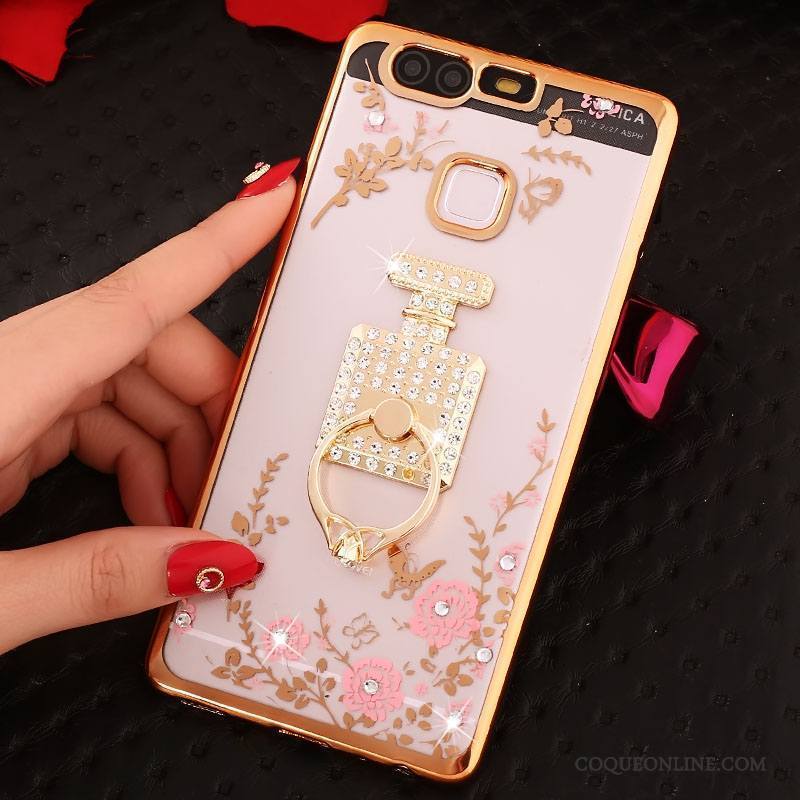 Huawei P9 Plus Coque Silicone Anneau Incassable Rose Téléphone Portable Étui Strass