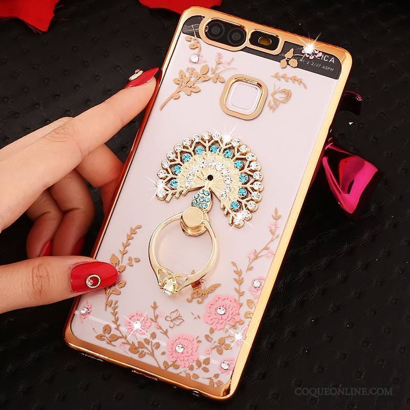 Huawei P9 Plus Coque Silicone Anneau Incassable Rose Téléphone Portable Étui Strass