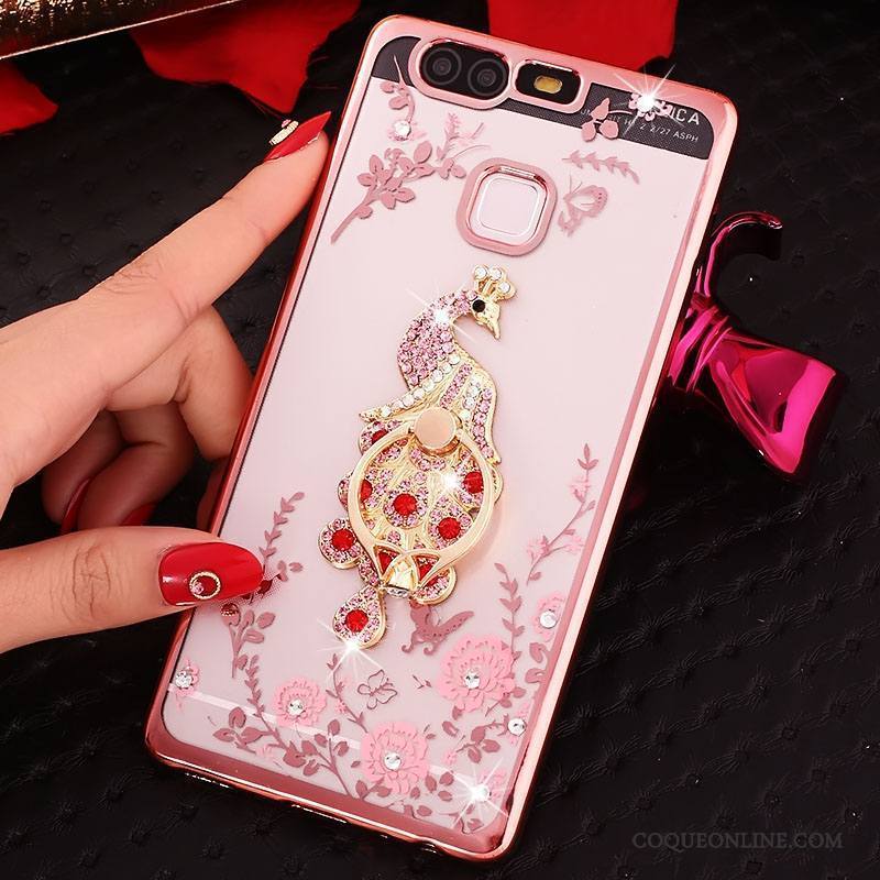 Huawei P9 Plus Coque Silicone Anneau Incassable Rose Téléphone Portable Étui Strass