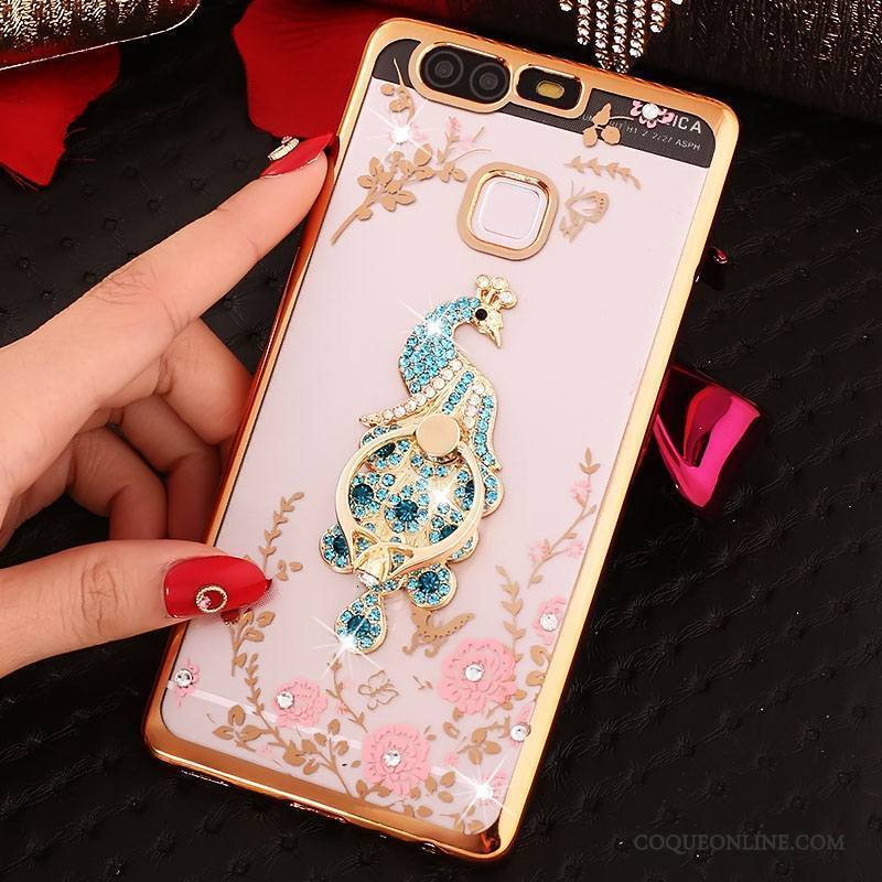 Huawei P9 Plus Coque Silicone Anneau Incassable Rose Téléphone Portable Étui Strass