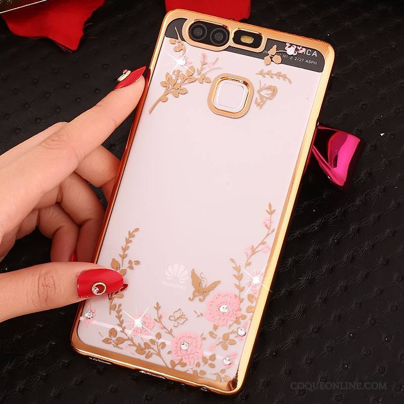 Huawei P9 Plus Coque Silicone Anneau Incassable Rose Téléphone Portable Étui Strass