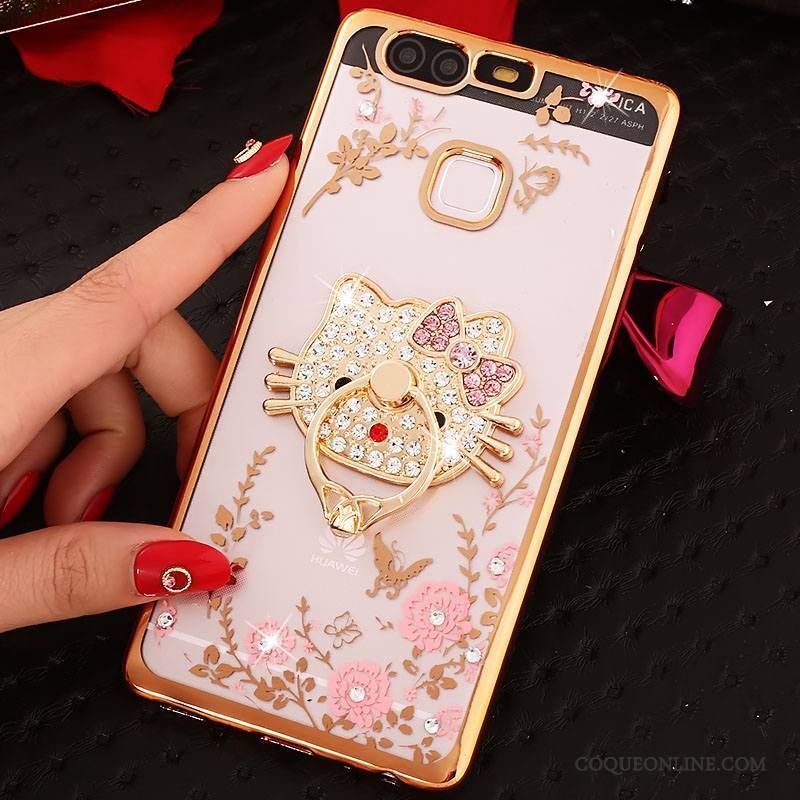 Huawei P9 Plus Coque Silicone Anneau Incassable Rose Téléphone Portable Étui Strass