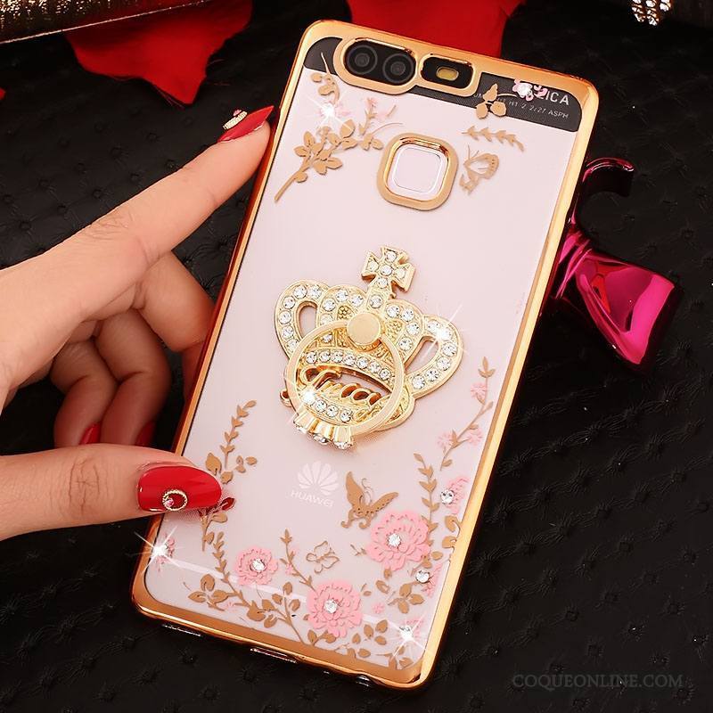 Huawei P9 Plus Coque Silicone Anneau Incassable Rose Téléphone Portable Étui Strass