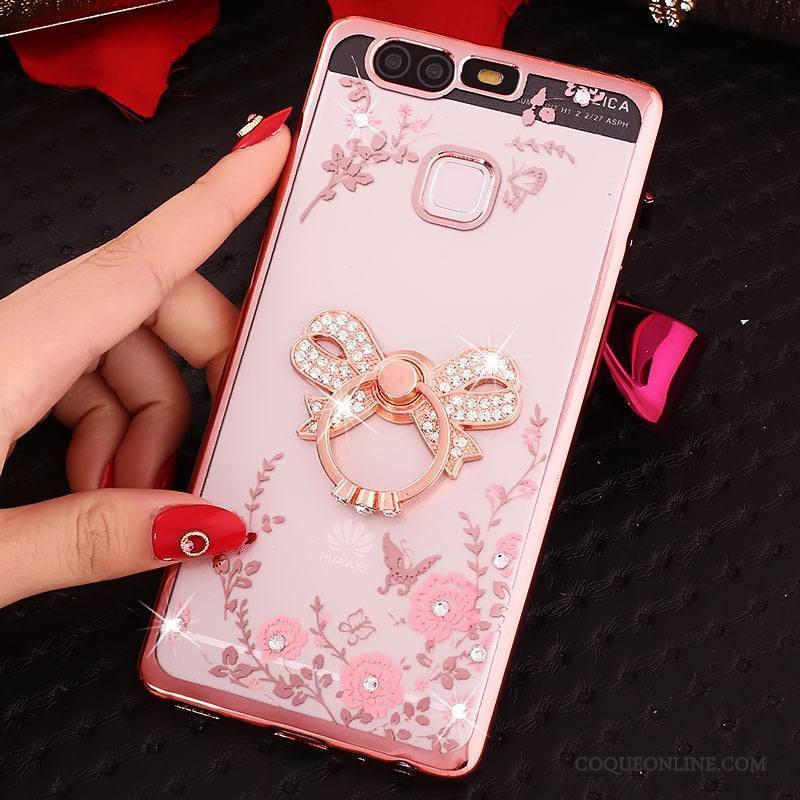 Huawei P9 Plus Coque Silicone Anneau Incassable Rose Téléphone Portable Étui Strass