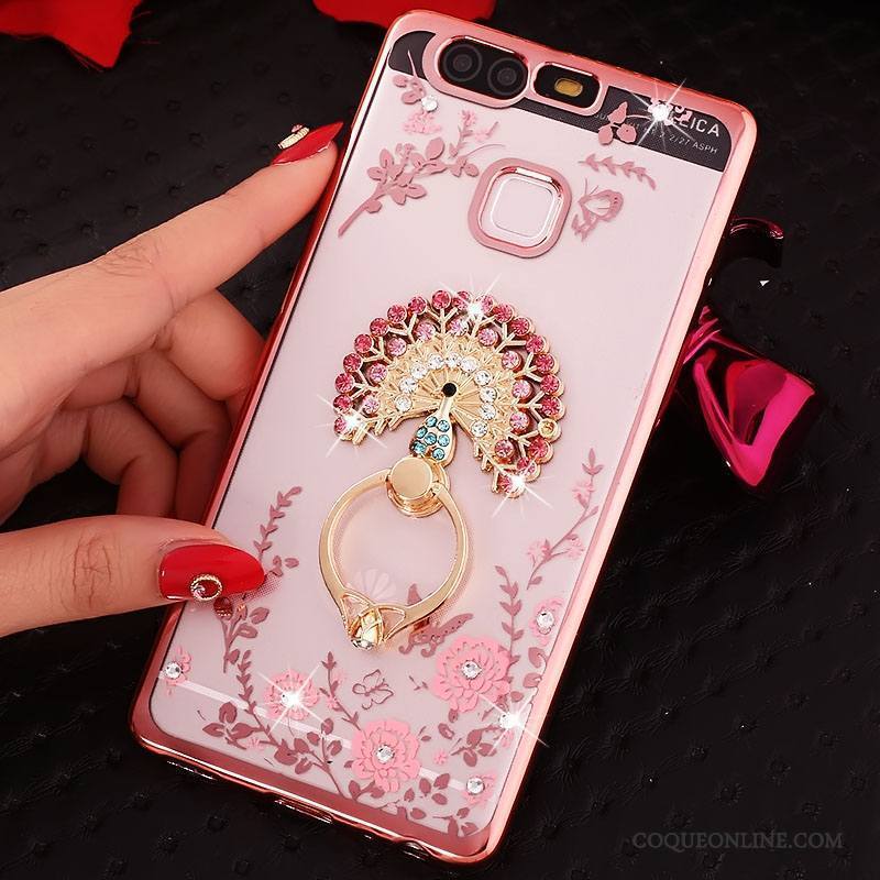 Huawei P9 Plus Coque Silicone Anneau Incassable Rose Téléphone Portable Étui Strass