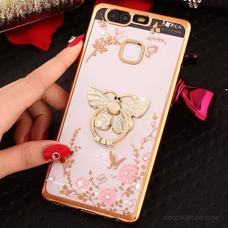 Huawei P9 Plus Coque Silicone Anneau Incassable Rose Téléphone Portable Étui Strass