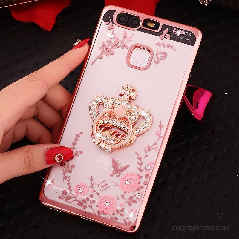 Huawei P9 Plus Coque Silicone Anneau Incassable Rose Téléphone Portable Étui Strass