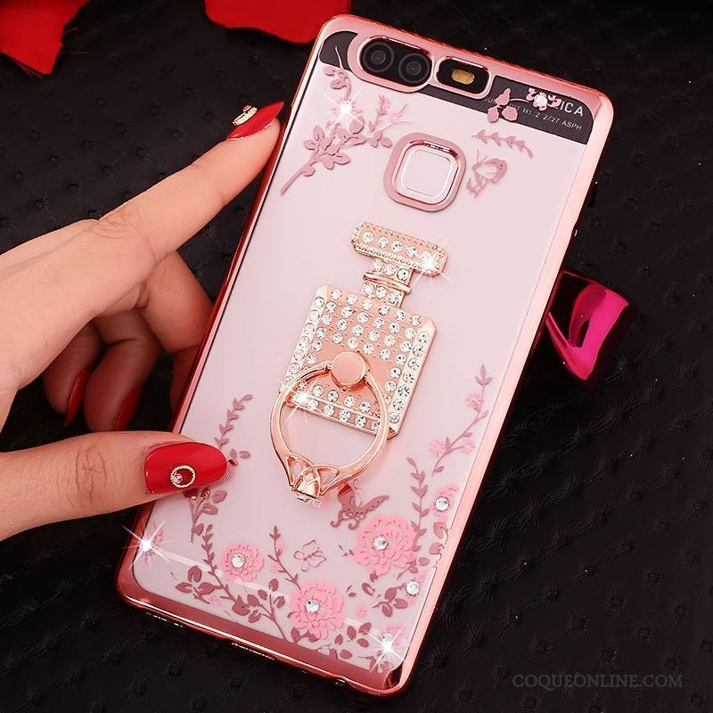 Huawei P9 Plus Coque Silicone Anneau Incassable Rose Téléphone Portable Étui Strass