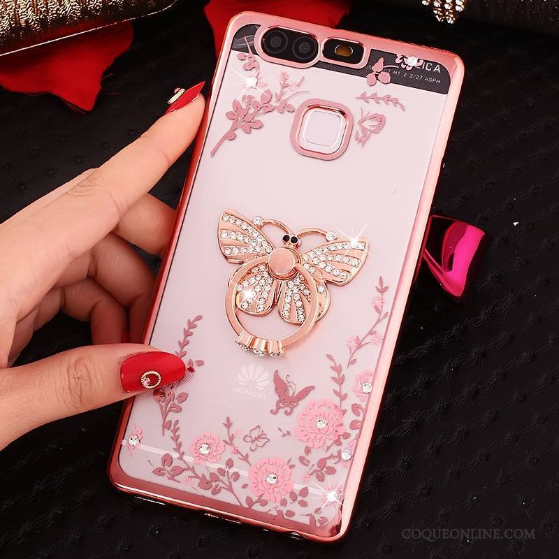 Huawei P9 Plus Coque Silicone Anneau Incassable Rose Téléphone Portable Étui Strass