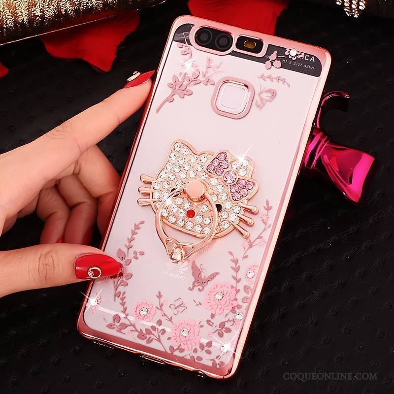 Huawei P9 Plus Coque Silicone Anneau Incassable Rose Téléphone Portable Étui Strass