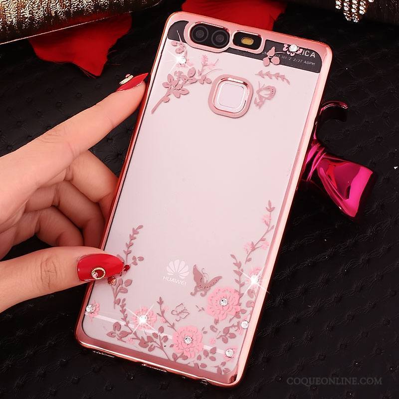 Huawei P9 Plus Coque Silicone Anneau Incassable Rose Téléphone Portable Étui Strass